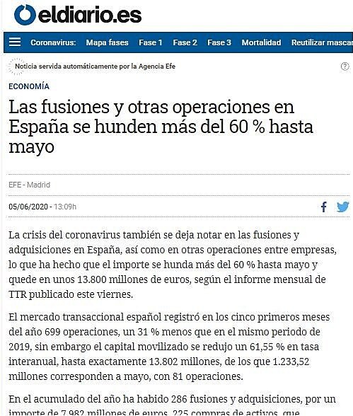 Las fusiones y otras operaciones en Espaa se hunden ms del 60 % hasta mayo